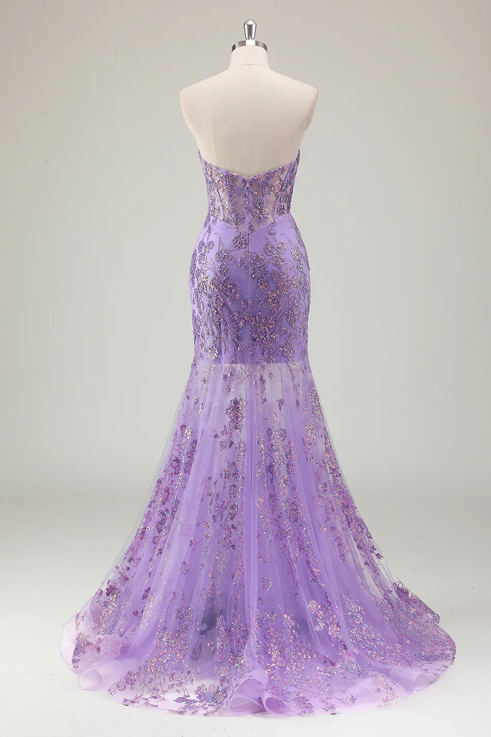 Lavender Charming Mermaid Strapless Corset Sequins Appliques Maxi Prom Dress