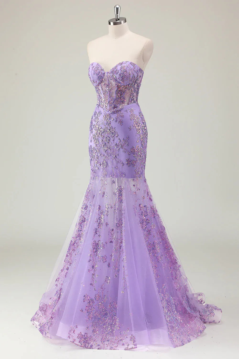 Lavender Charming Mermaid Strapless Corset Sequins Appliques Maxi Prom Dress