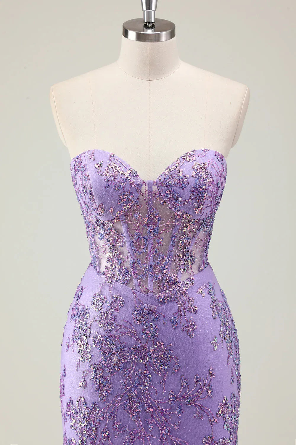 Lavender Charming Mermaid Strapless Corset Sequins Appliques Maxi Prom Dress