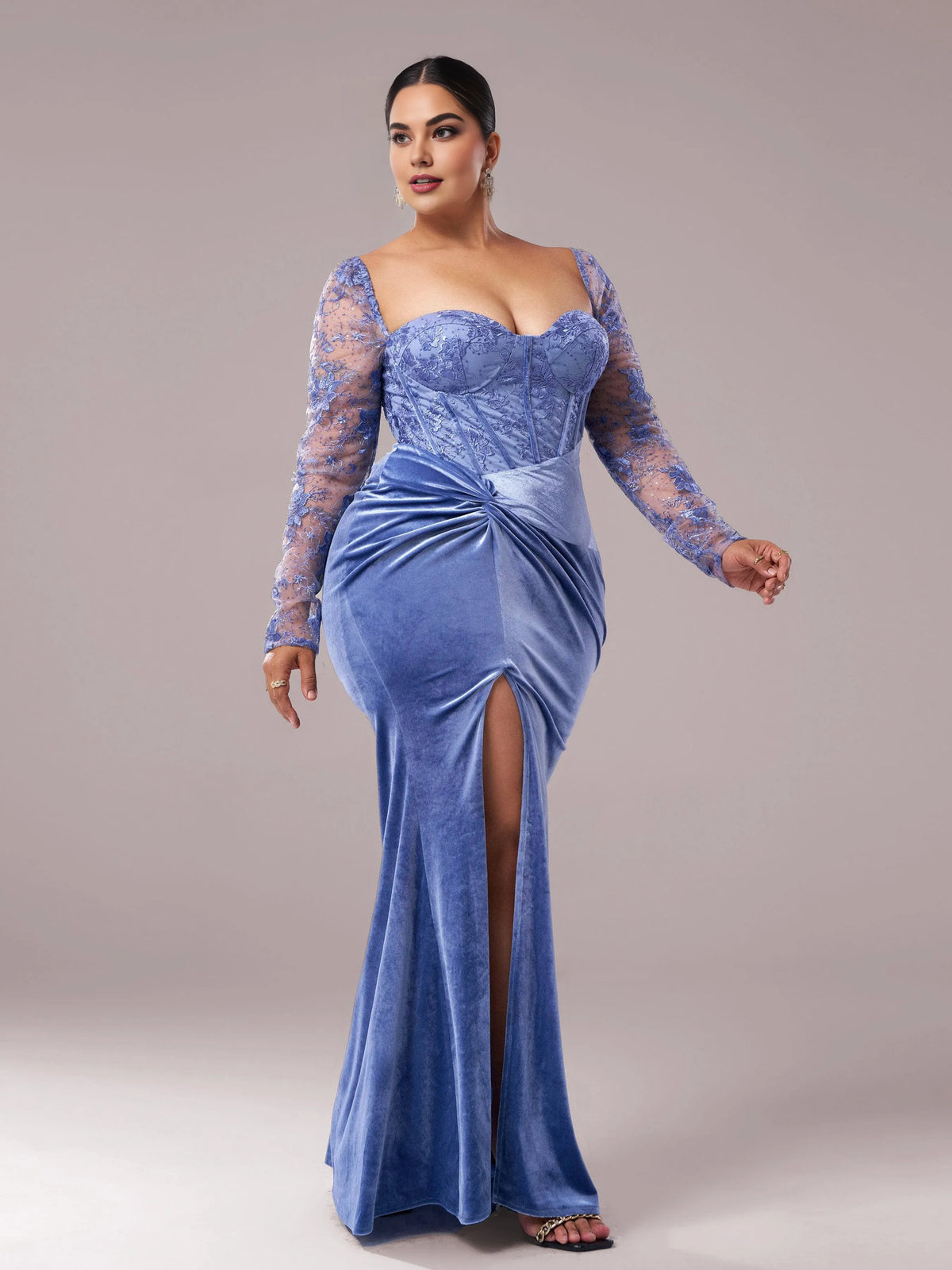 Special Occasion Sophisticated Elegant Red Lace Mermaid Sweetheart Long Sleeve Floor-Length Prom Dress