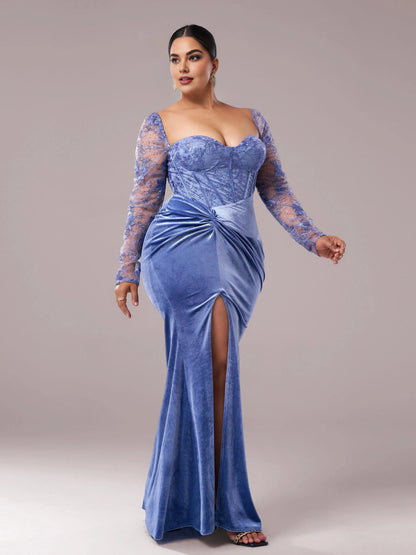 Special Occasion Sophisticated Elegant Red Lace Mermaid Sweetheart Long Sleeve Floor-Length Prom Dress