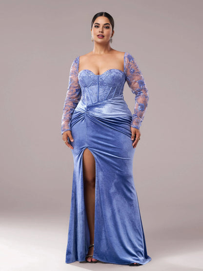 Special Occasion Sophisticated Elegant Red Lace Mermaid Sweetheart Long Sleeve Floor-Length Prom Dress