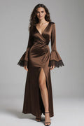 Timeless Elegant Chocolate Brown Satin Mermaid V-Neck Long Sleeve Floor-Length Prom Dress