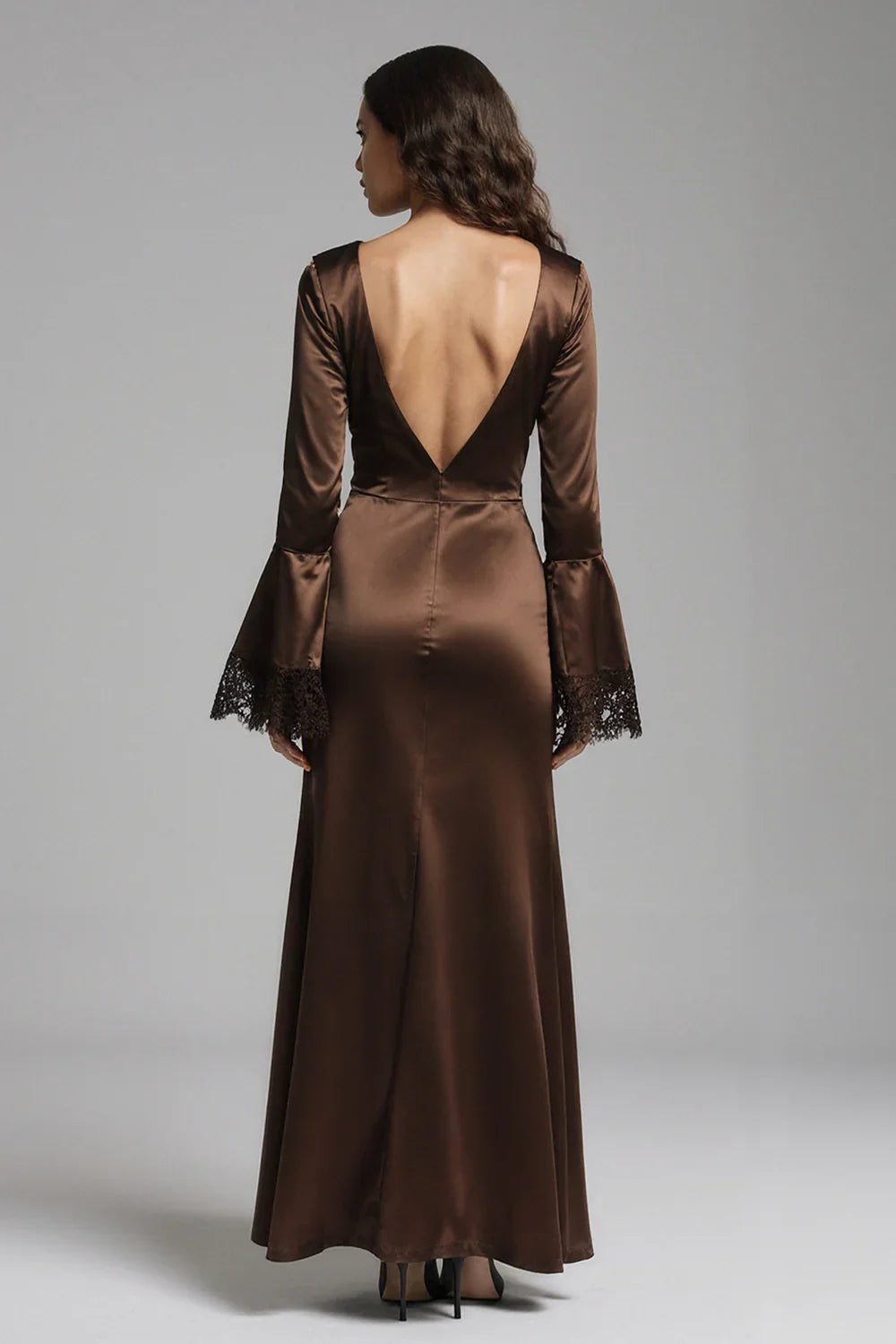 Timeless Elegant Chocolate Brown Satin Mermaid V-Neck Long Sleeve Floor-Length Prom Dress
