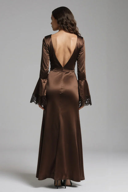 Timeless Elegant Chocolate Brown Satin Mermaid V-Neck Long Sleeve Floor-Length Prom Dress