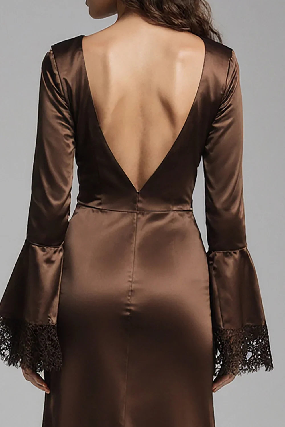 Timeless Elegant Chocolate Brown Satin Mermaid V-Neck Long Sleeve Floor-Length Prom Dress