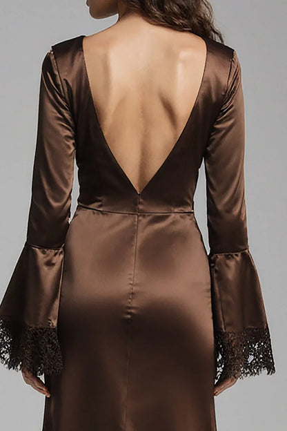 Timeless Elegant Chocolate Brown Satin Mermaid V-Neck Long Sleeve Floor-Length Prom Dress