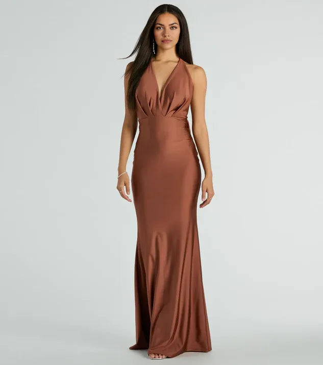 Graceful Stylish Refined Beautiful Elegant Satin Mermaid V-Neck Sleeveless Floor-Length Prom Dress