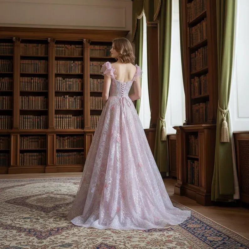 Pink Charming A-Line Sweetheart Neck Sleeveless Up 3D Floral Glitter Appliques Floor-Length Prom Dress