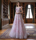 Pink Charming A-Line Sweetheart Neck Sleeveless Up 3D Floral Glitter Appliques Floor-Length Prom Dress