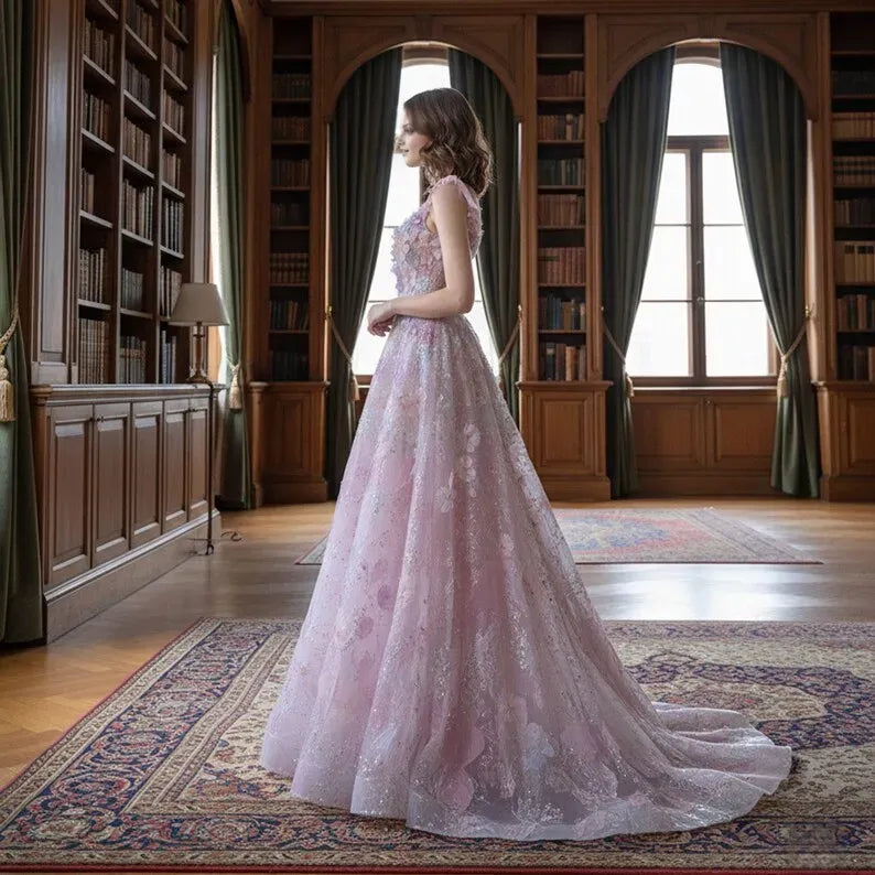 Pink Charming A-Line Sweetheart Neck Sleeveless Up 3D Floral Glitter Appliques Floor-Length Prom Dress