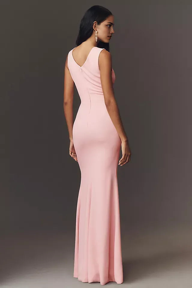 Pink Charming Mermaid V-Neck Sleeveless Back Zip Floor-Length Prom Dress with Slit