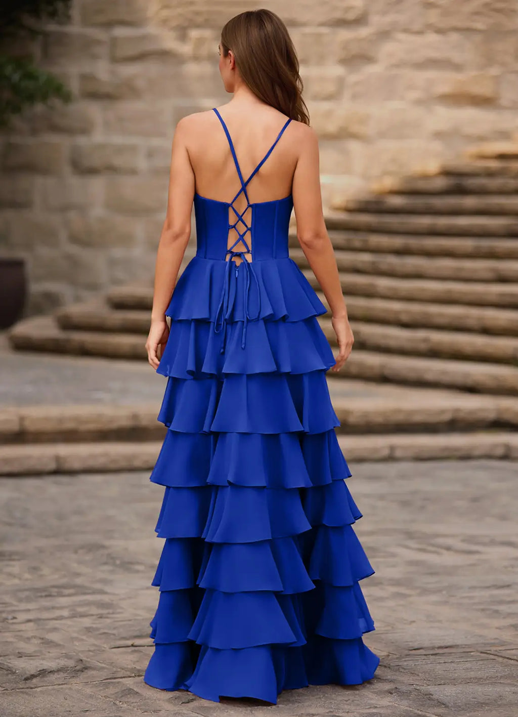 Red Charming A-Line Spaghetti Strap Sleeveless Lace-Up Back Tiered Ruffle Floor-Length Prom Dress with Slit