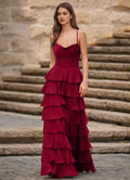 Red Charming A-Line Spaghetti Strap Sleeveless Lace-Up Back Tiered Ruffle Floor-Length Prom Dress with Slit