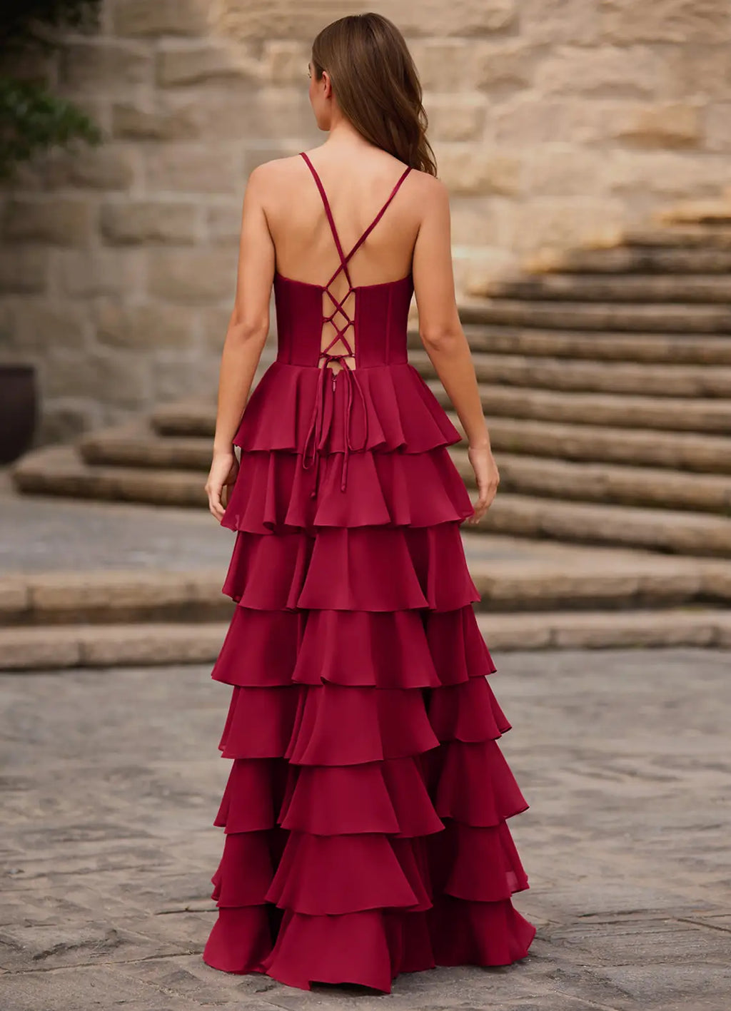 Red Charming A-Line Spaghetti Strap Sleeveless Lace-Up Back Tiered Ruffle Floor-Length Prom Dress with Slit