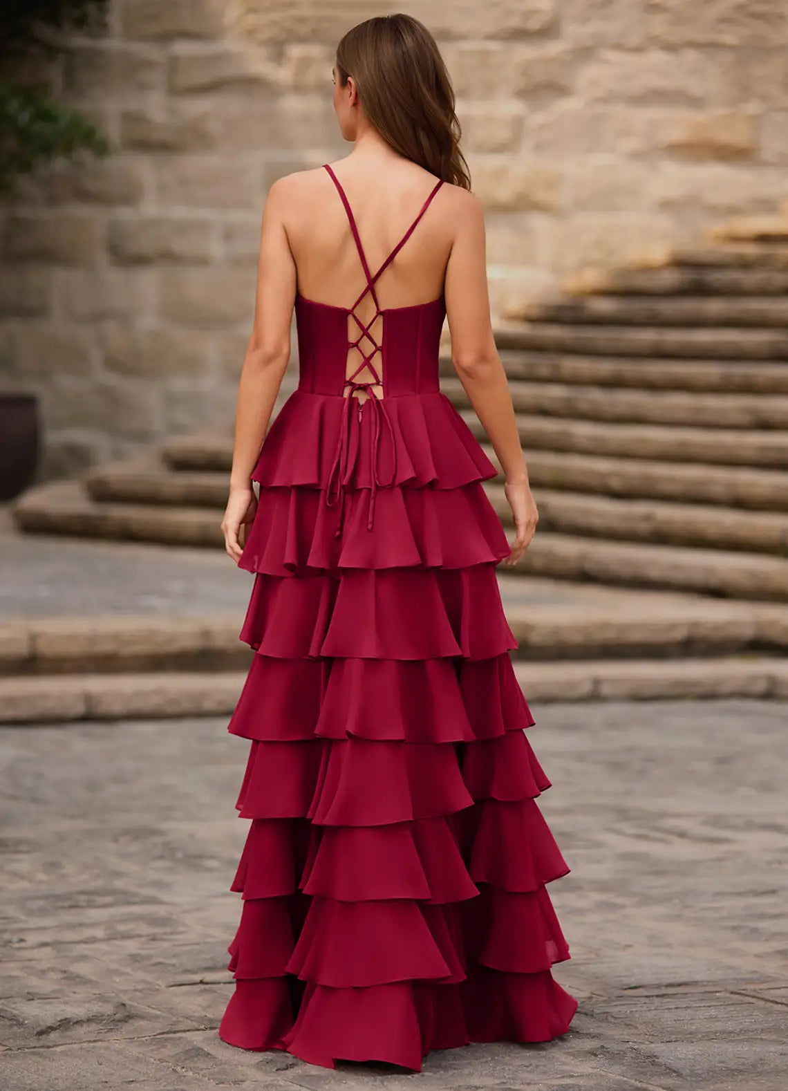 Red Charming A-Line Spaghetti Strap Sleeveless Lace-Up Back Tiered Ruffle Floor-Length Prom Dress with Slit