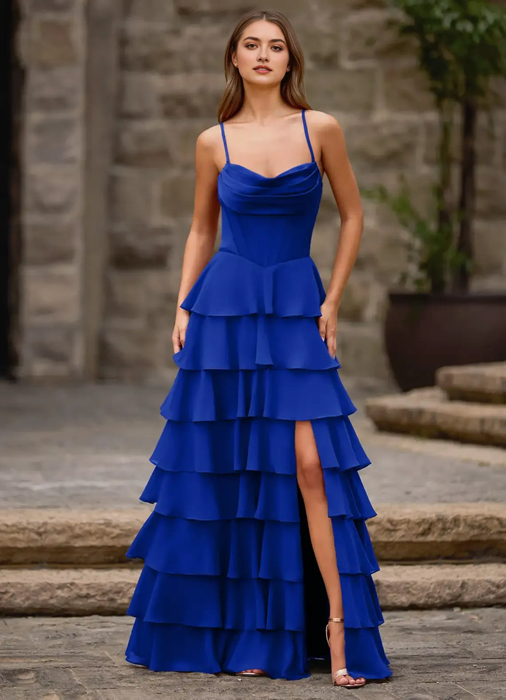 Red Charming A-Line Spaghetti Strap Sleeveless Lace-Up Back Tiered Ruffle Floor-Length Prom Dress with Slit