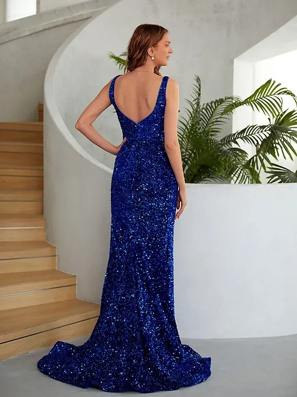 Blue Charming Royal Mermaid Deep V-Neck Sleeveless Back Zip Floor-Length Sequins Prom Dresses with Slit
