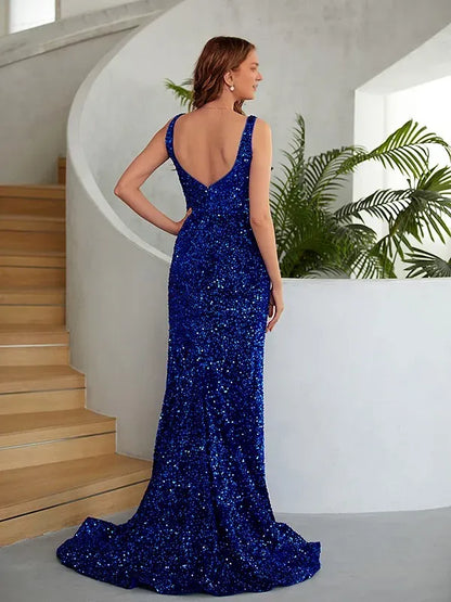 Elegant Royal-Blue Sequin Mermaid V-Neck Sleeveless Open-Back Floor-Length Prom Dress