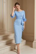 Elegant Light Blue Sheath Long Sleeve Tea-Length Mother of the Bride Dress