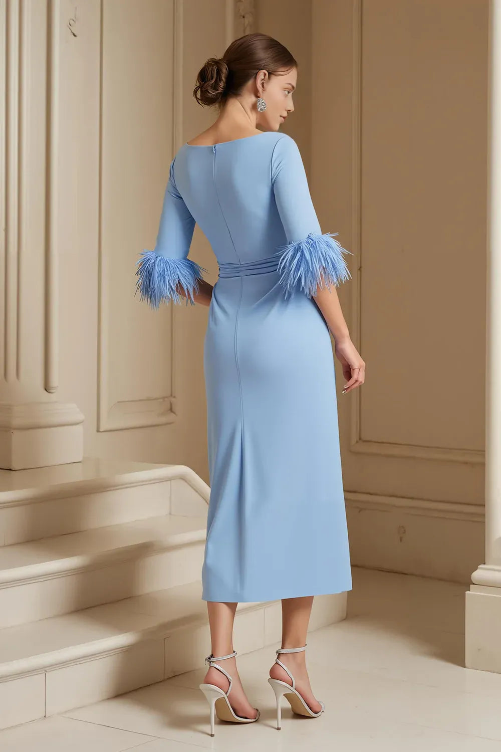 Elegant Light Blue Sheath Long Sleeve Tea-Length Mother of the Bride Dress