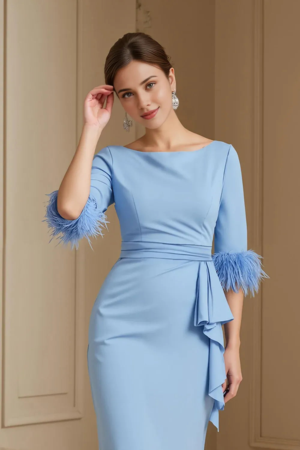 Elegant Light Blue Sheath Long Sleeve Tea-Length Mother of the Bride Dress