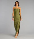 Satin Sheath Cowl Spaghetti Straps Crisscross Back Slit Long Evening Dress