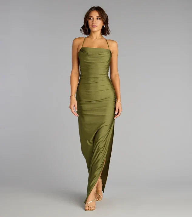 Satin Sheath Cowl Spaghetti Straps Crisscross Back Slit Long Evening Dress