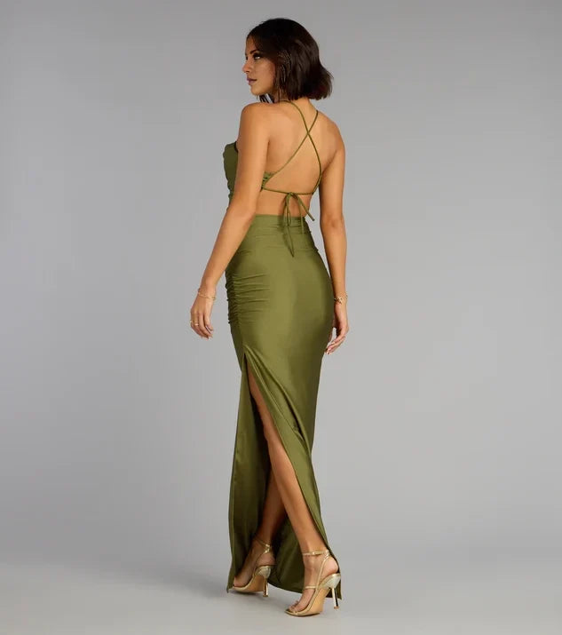 Satin Sheath Cowl Spaghetti Straps Crisscross Back Slit Long Evening Dress