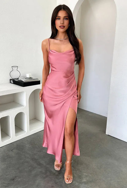Graceful Stylish Refined Beautiful Timeless Elegant Satin Sheath Cowl Sleeveless Prom Dress