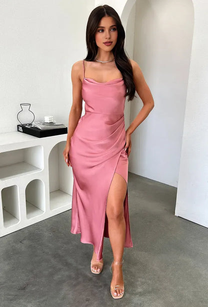 Graceful Stylish Refined Beautiful Timeless Elegant Satin Sheath Cowl Sleeveless Prom Dress