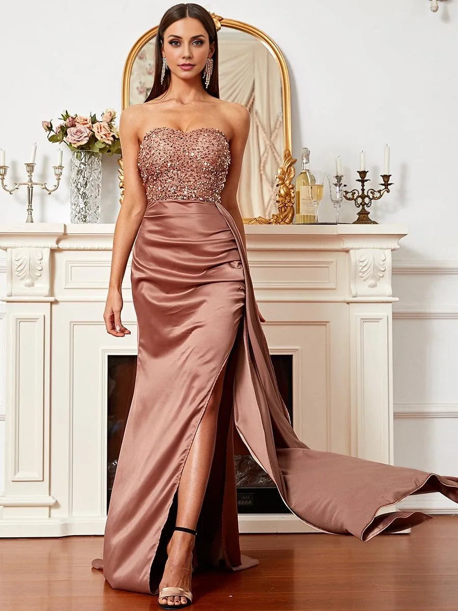 Special Occasion Elegant Rose Gold Satin Sheath Strapless Sleeveless Floor-Length Prom Dress