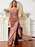 Special Occasion Elegant Rose Gold Satin Sheath Strapless Sleeveless Floor-Length Prom Dress