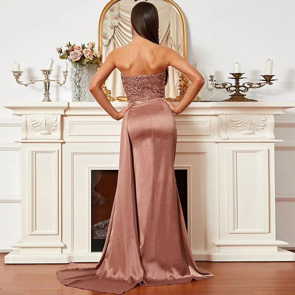 Special Occasion Elegant Rose Gold Satin Sheath Strapless Sleeveless Floor-Length Prom Dress