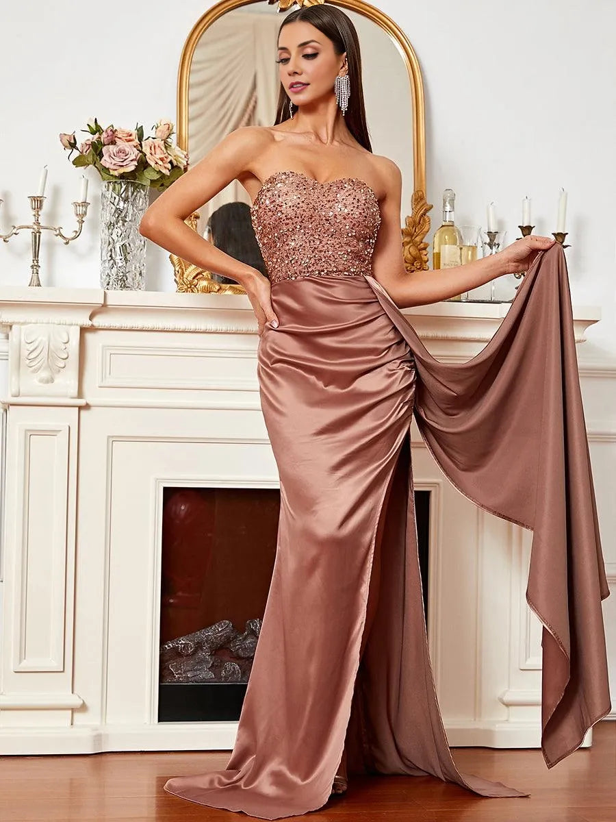 Special Occasion Elegant Rose Gold Satin Sheath Strapless Sleeveless Floor-Length Prom Dress