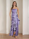 Purple Charming Sheath Light Square Neck Spaghetti Strap Back Zip Floor - Length Prom Dresses with Ruffles 3D Flower