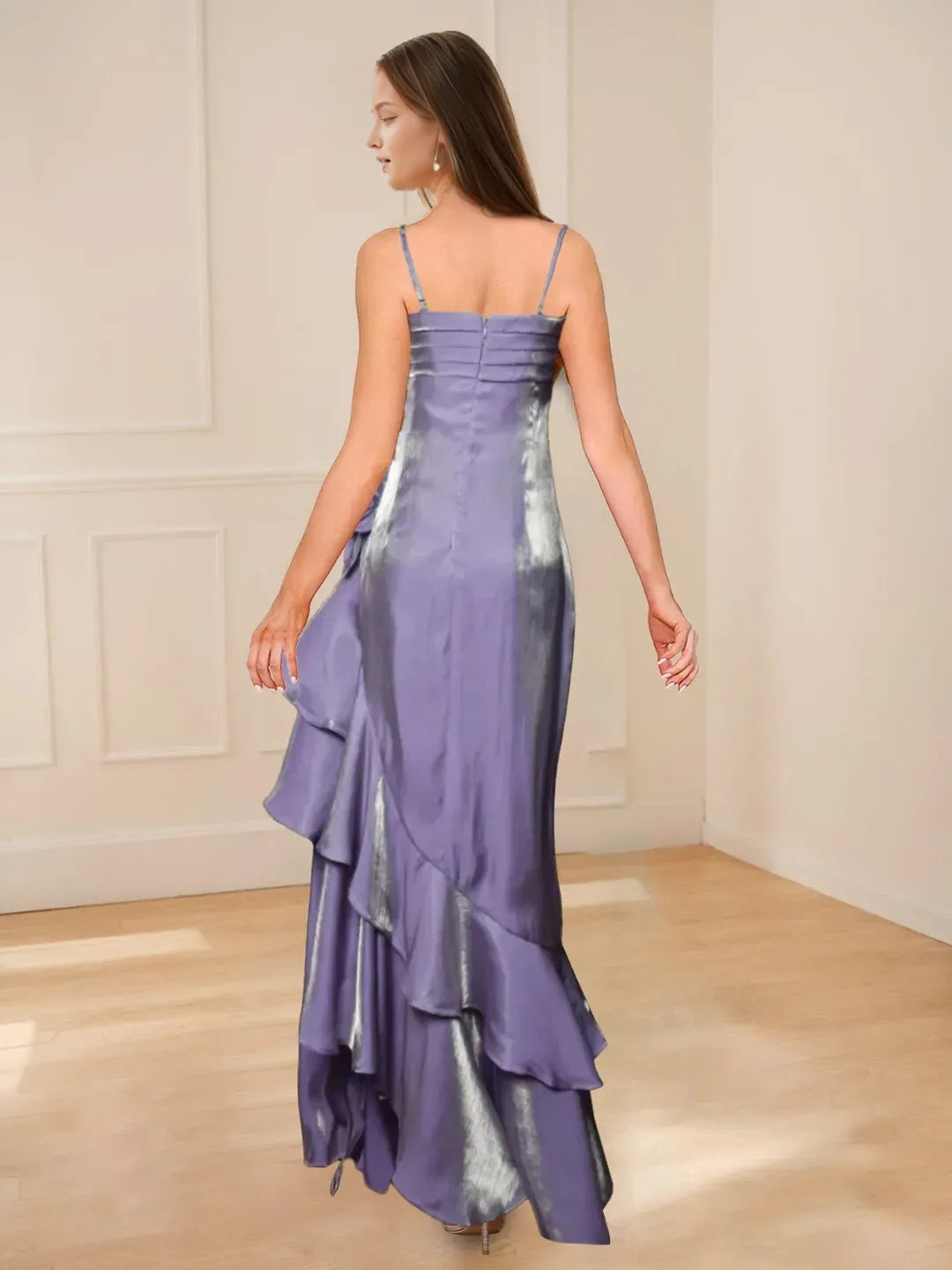 Purple Charming Sheath Light Square Neck Spaghetti Strap Back Zip Floor - Length Prom Dresses with Ruffles 3D Flower