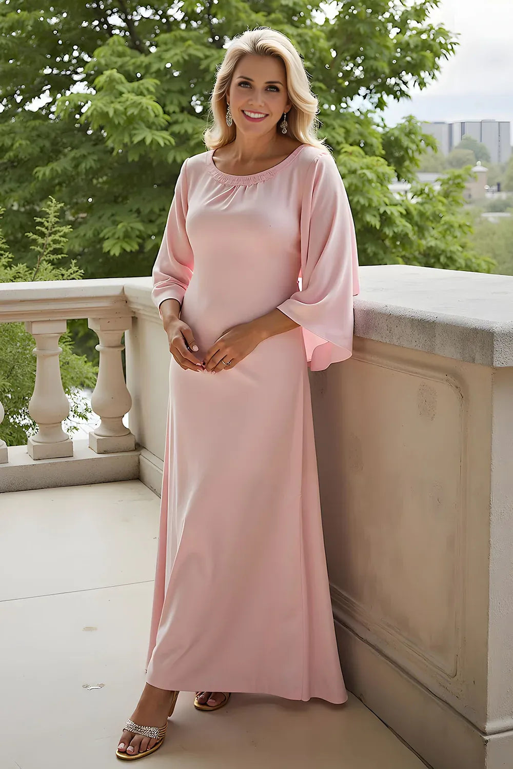 Elegant Blush Pink Satin Sheath Long Sleeve Floor-Length Mother of the Bride Dress