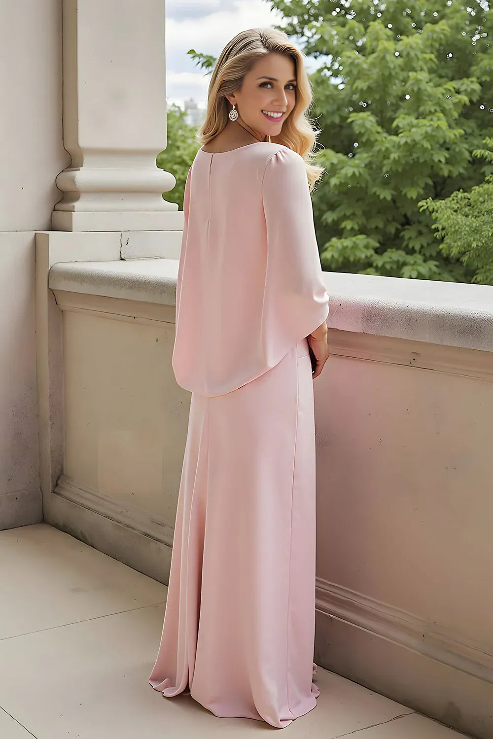 Elegant Blush Pink Satin Sheath Long Sleeve Floor-Length Mother of the Bride Dress