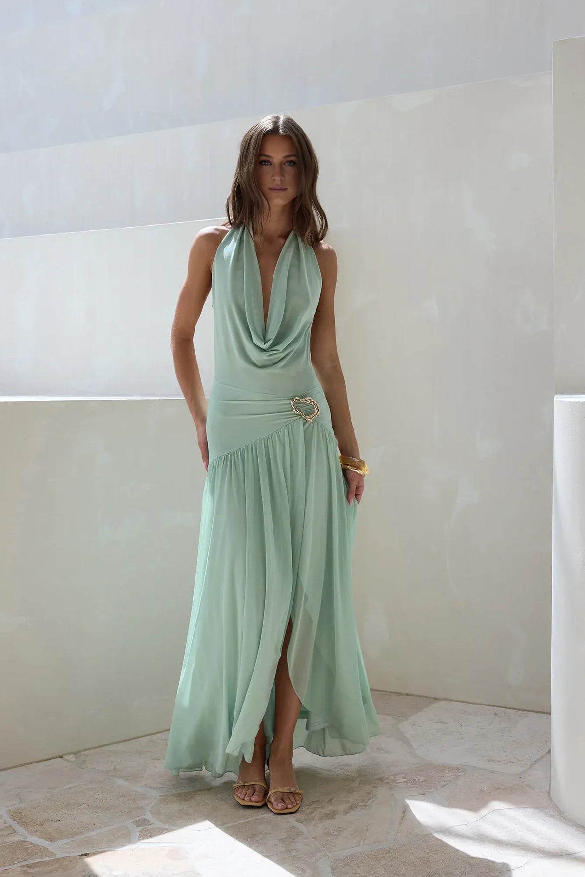 Special Occasion Sophisticated Graceful Stylish Refined Elegant Green Halter Sleeveless Floor-Length Cocktail Dress