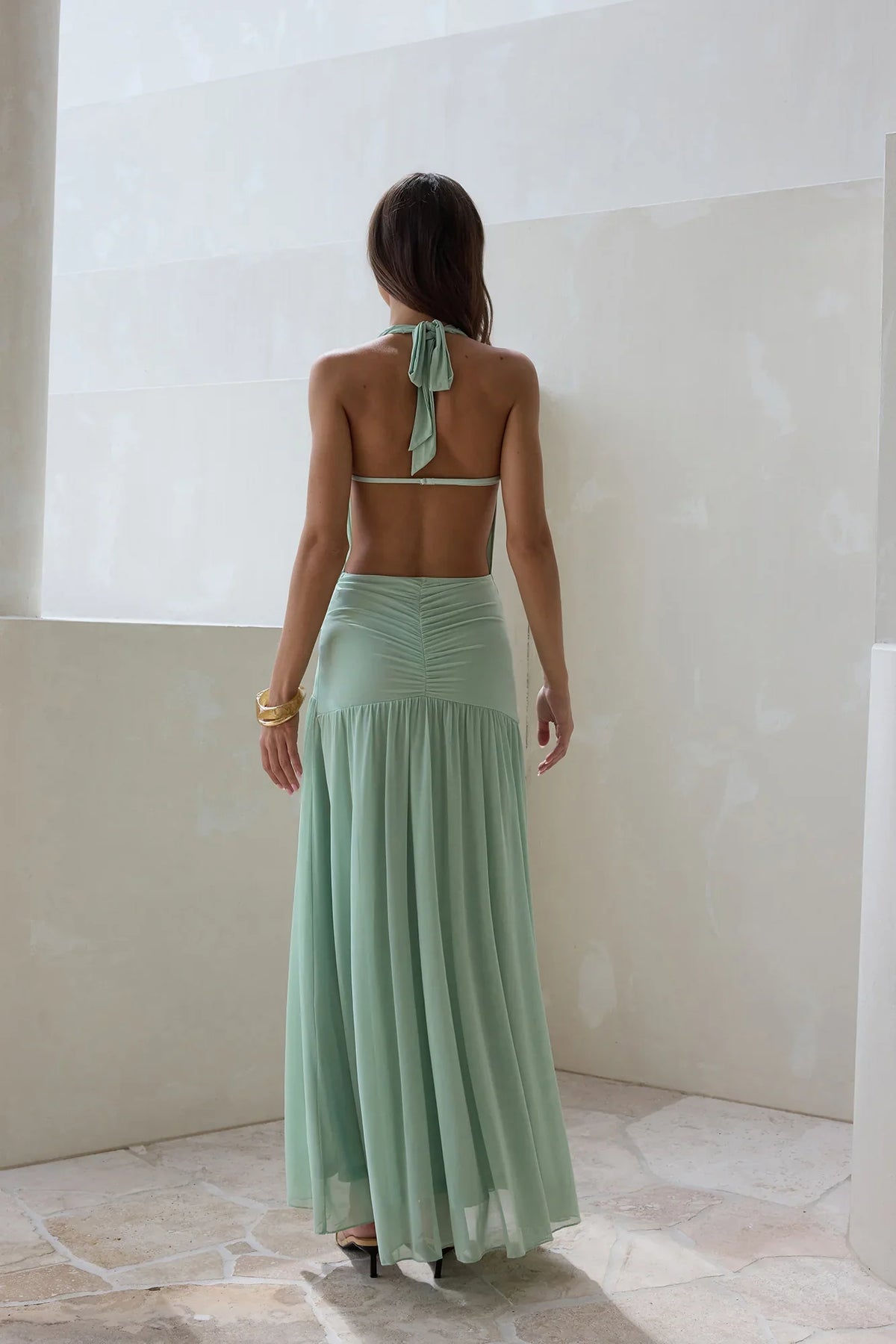 Special Occasion Sophisticated Graceful Stylish Refined Elegant Green Halter Sleeveless Floor-Length Cocktail Dress