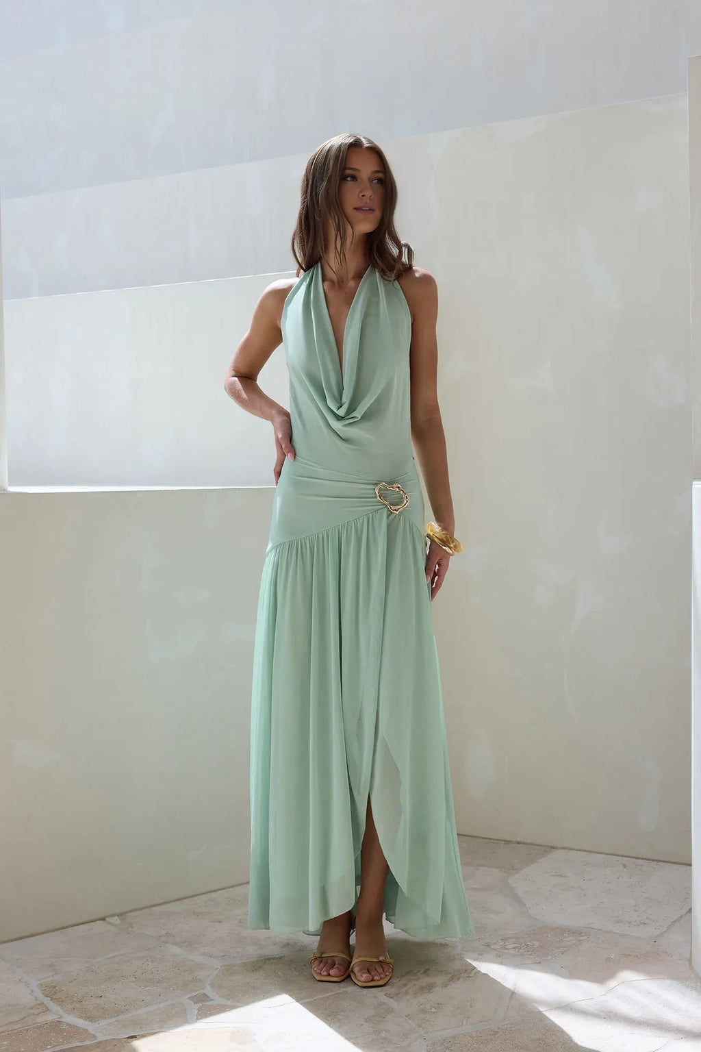 Special Occasion Sophisticated Graceful Stylish Refined Elegant Green Halter Sleeveless Floor-Length Cocktail Dress