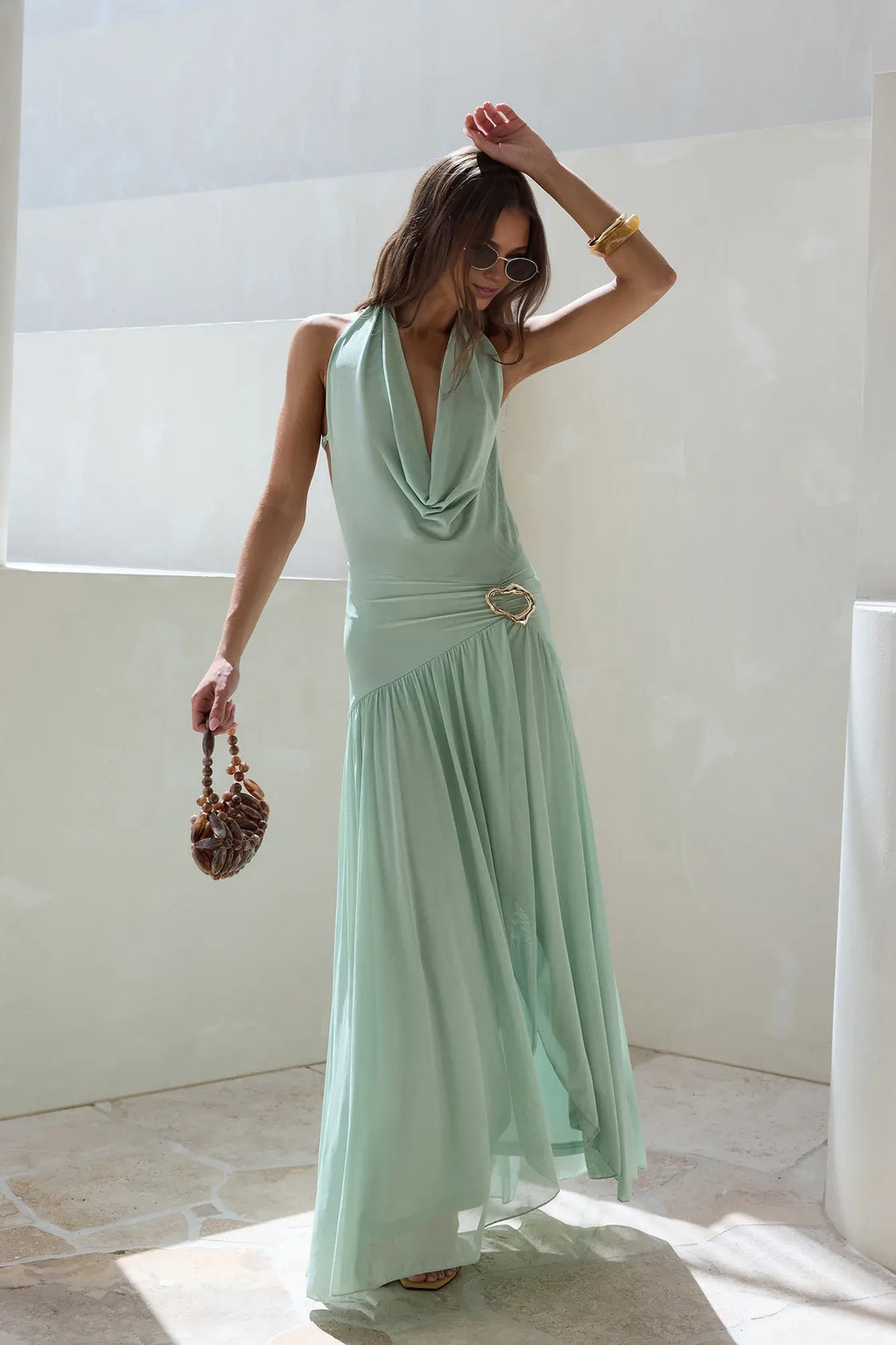 Special Occasion Sophisticated Graceful Stylish Refined Elegant Green Halter Sleeveless Floor-Length Cocktail Dress