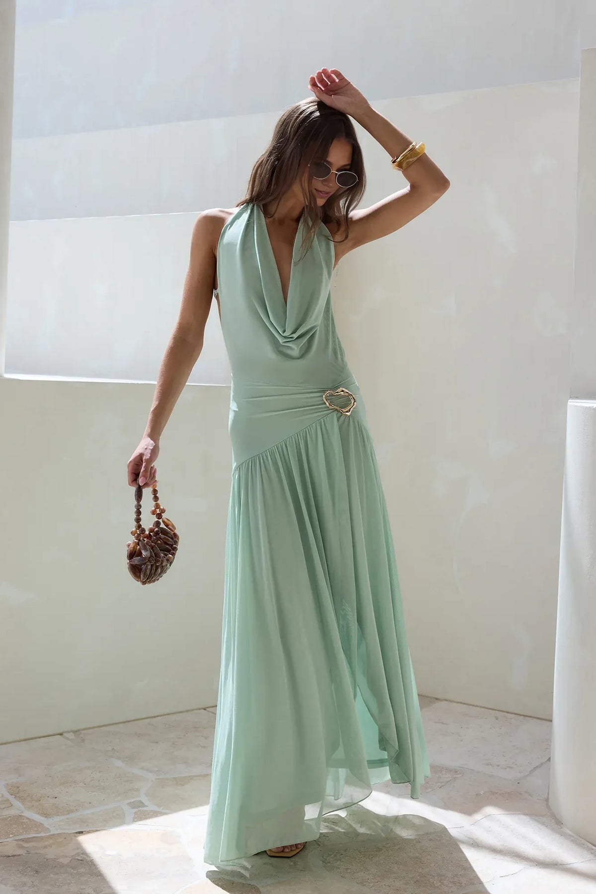 Special Occasion Sophisticated Graceful Stylish Refined Elegant Green Halter Sleeveless Floor-Length Cocktail Dress