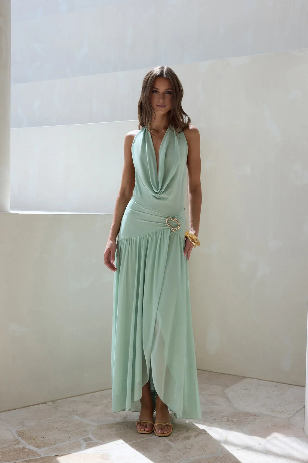 Special Occasion Sophisticated Graceful Stylish Refined Elegant Green Halter Sleeveless Floor-Length Cocktail Dress
