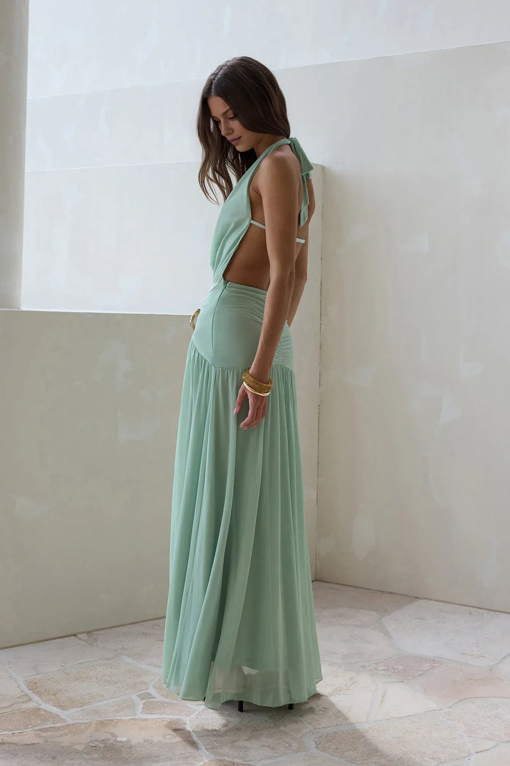 Special Occasion Sophisticated Graceful Stylish Refined Elegant Green Halter Sleeveless Floor-Length Cocktail Dress