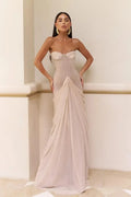 Charming Strapless Corset Draped Beige Maxi Evening Dress