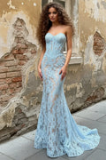 Light Blue Charming Mermaid Strapless Corset Light Prom Dress With Train