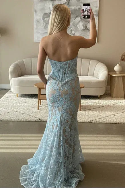 Light Blue Charming Mermaid Strapless Corset Light Prom Dress With Train
