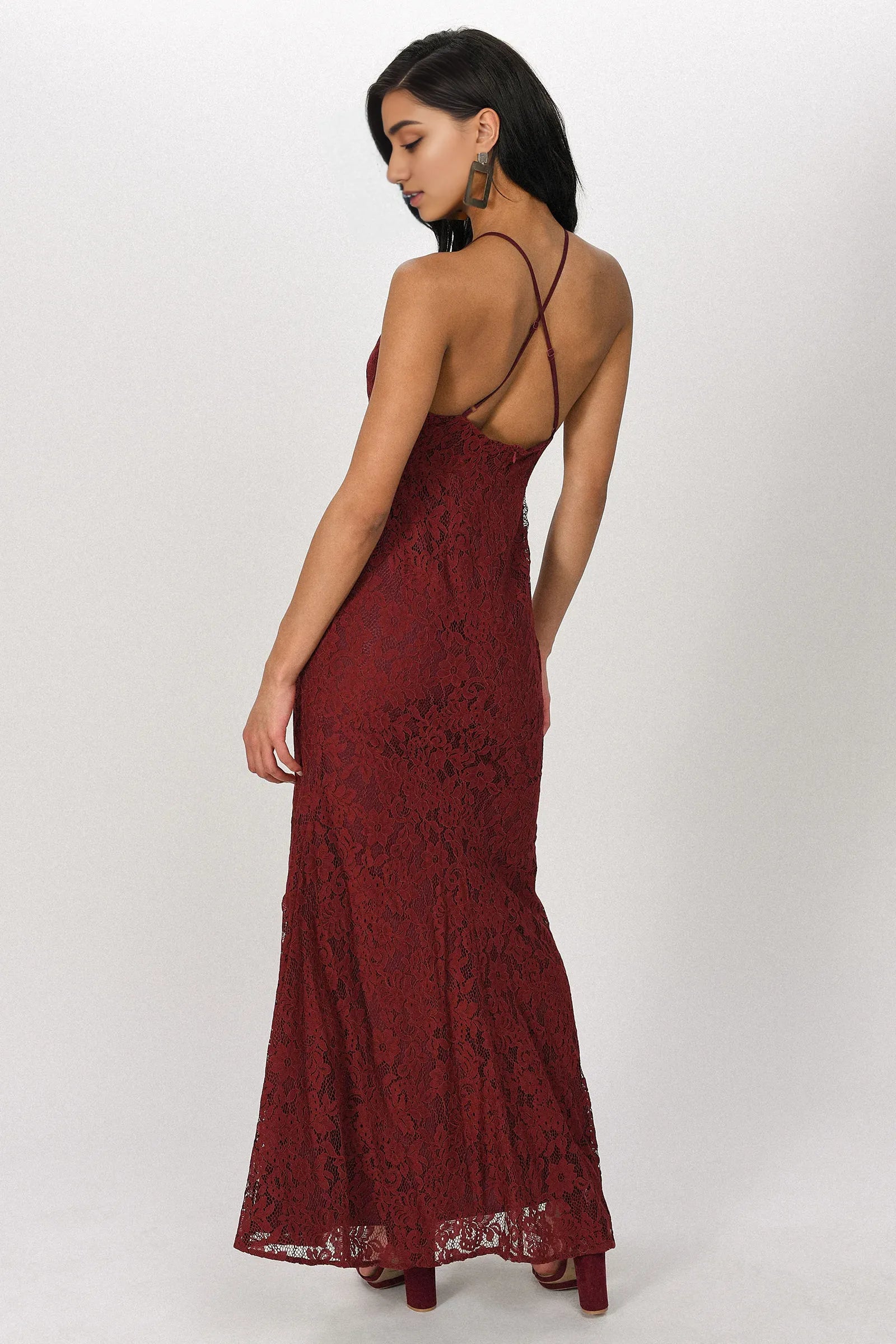 Wine Charming Mermaid Halter Neck Sleeveless Crisscross Back Ankle-Length Prom Dresses